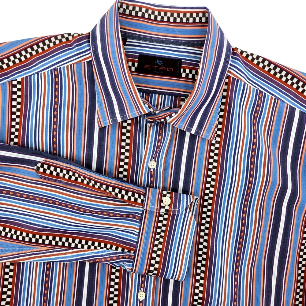 ETRO Milano Mens Shirt Size 44 XL Multicolor Striped Checkerboard Italy
